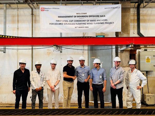 Mooreast and Bourbon Offshore at the first steel cut ceremony; Mooreast will supply its MA5S mooring drag anchors to the biggest of the first three floating wind energy projects in France