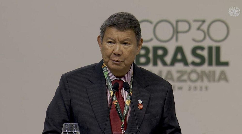 Indonesia's Special Envoy of the President for Climate and Energy, Hashim Djojohadikusumo, speaking at the Leaders Summit during the 30th Conference of the Parties (COP30) in Belém, Brazil, Thursday (November 6). The Government of Indonesia reaffirmed its commitment to leading global efforts in mitigating climate change and accelerating the transition toward Net Zero Emissions by 2060 or sooner. (Photo: Official UN Web TV.)