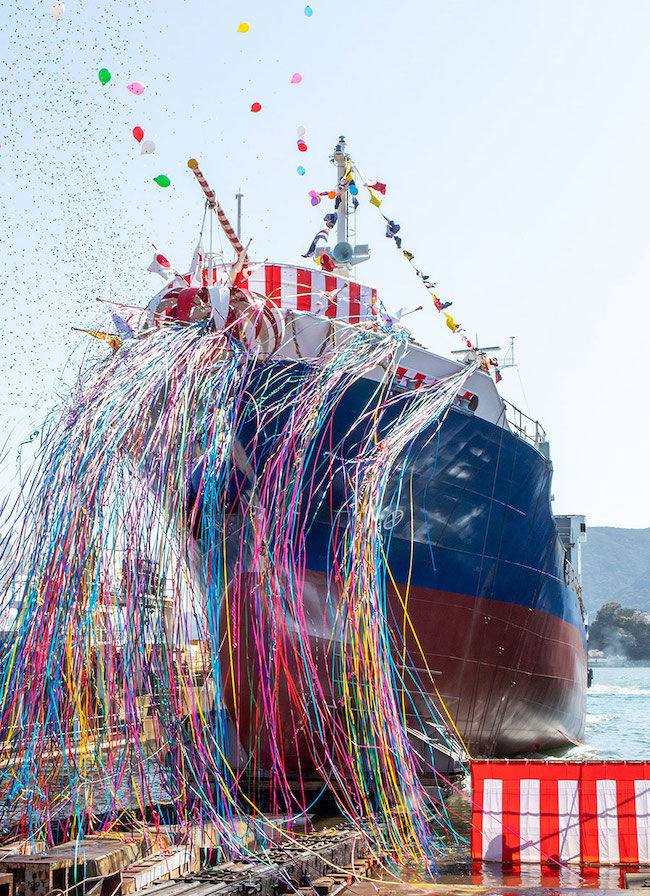 Mitsubishi Shipbuilding Holds Launch Ceremony in Shimonoseki for Demonstration Test Ship for Liquefied CO2 Transport